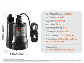 Utility Pump 1/3HP 2450GPH High Flow 30ft Head Sump Pump Submersible Water Pumps Utility Pump 1/3HP 2450GPH High Flow 30ft Head Sump Pump Submersible Water Pumps