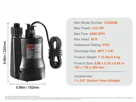 Utility Pump 1/3HP 2450GPH High Flow 30ft Head Sump Pump Submersible Water Pumps Utility Pump 1/3HP 2450GPH High Flow 30ft Head Sump Pump Submersible Water Pumps